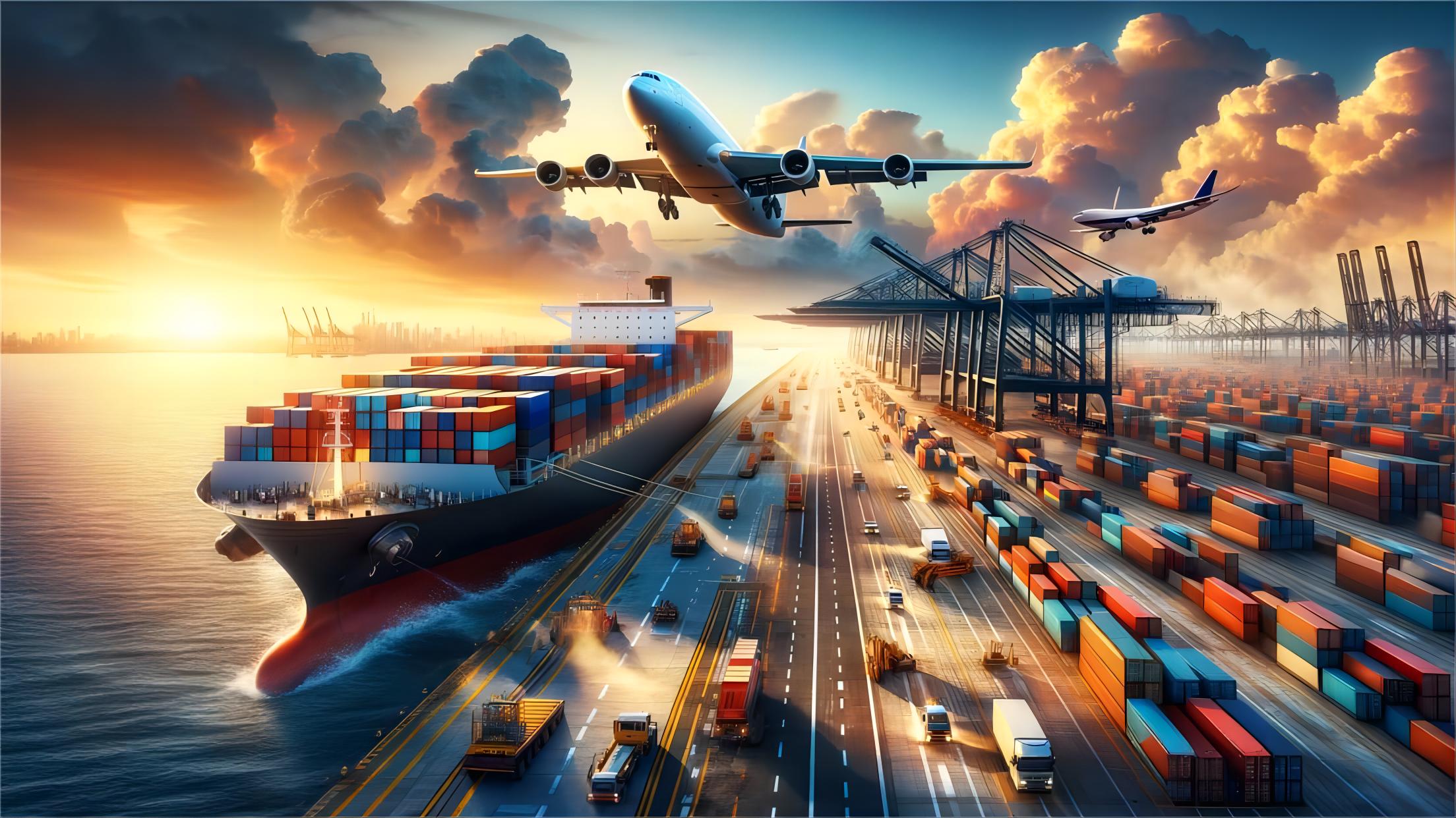 Container ship at a busy Chinese port preparing for USA transit